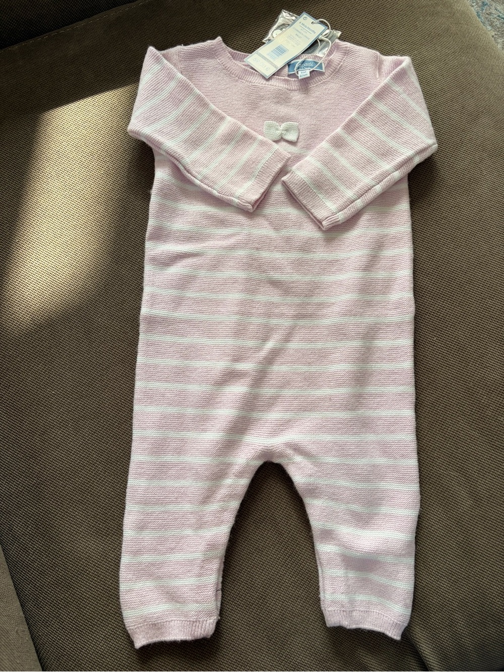 Jacadi Pink and White Striped Knit Baby One-Piece with Bow Detail